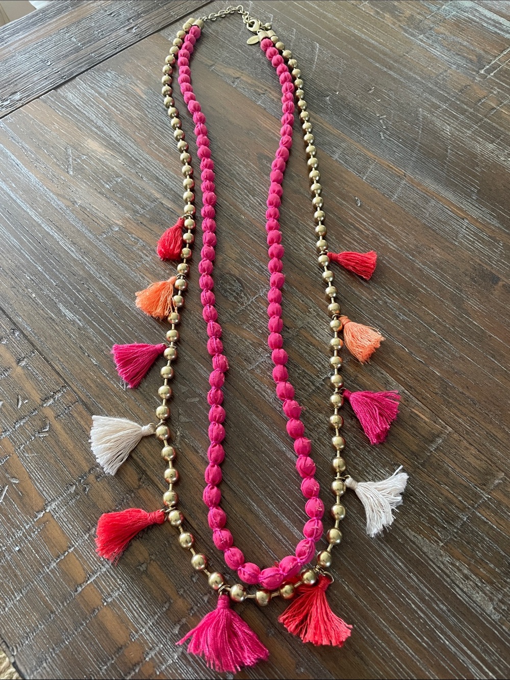 Boho Pink Tassel Statement Necklace - Gold Beaded